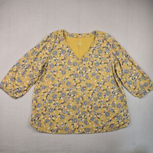 Pure Jill J.Jill Floral V-Neck Top Size Large Gold Blue Cotton Tencel 3/4 Sleeve